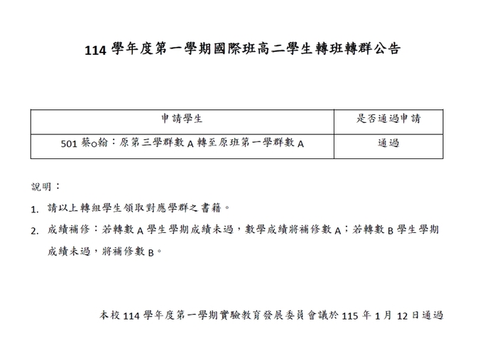 114學年度第一學期國際班高二學生轉班轉群公告