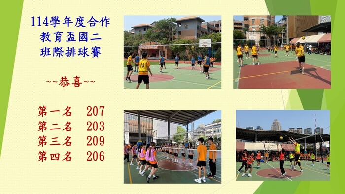 114學年度國二班際排球賽成績公告